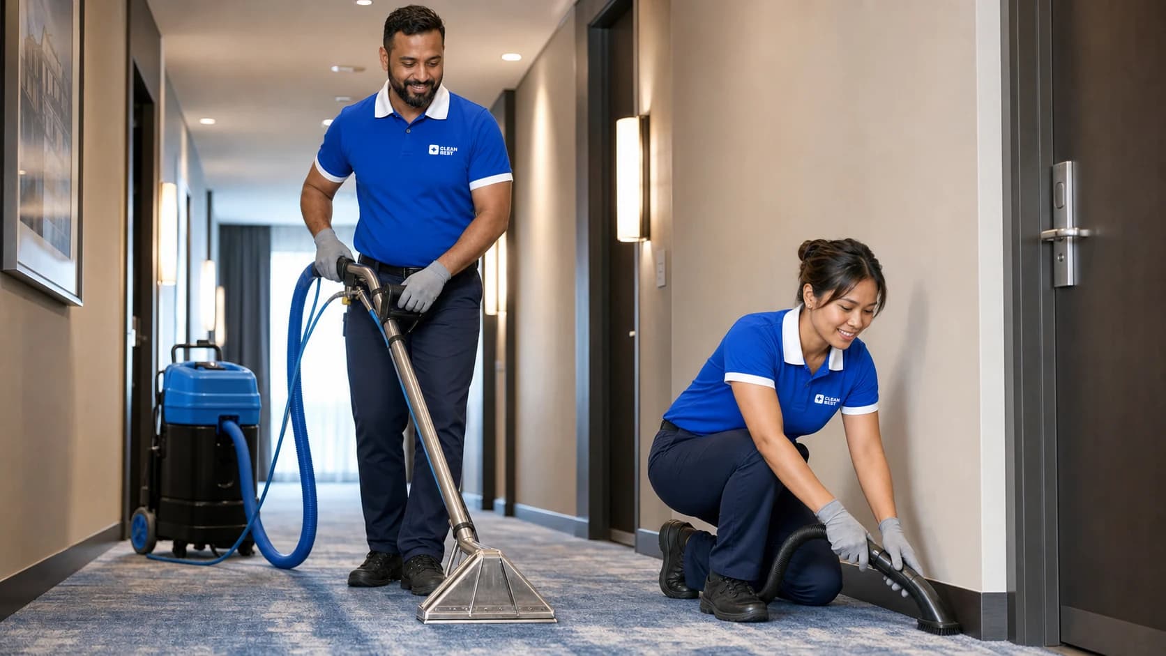 Detail of a carpet traffic lane part-cleaned by hot-water extraction in Wetherill Park NSW