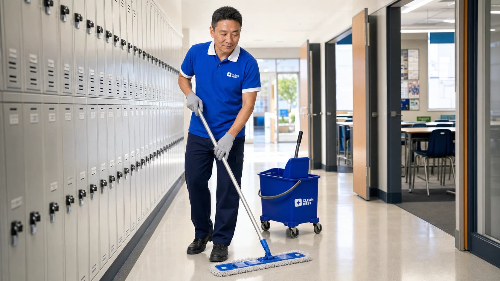 Clean Best cleaner mopping a school classroom floor in Wetherill Park NSW