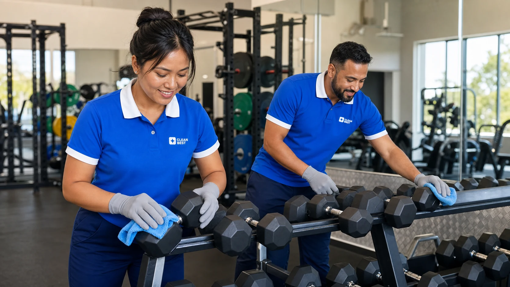 Clean Best cleaner sanitising gym equipment in a Wetherill Park fitness studio NSW
