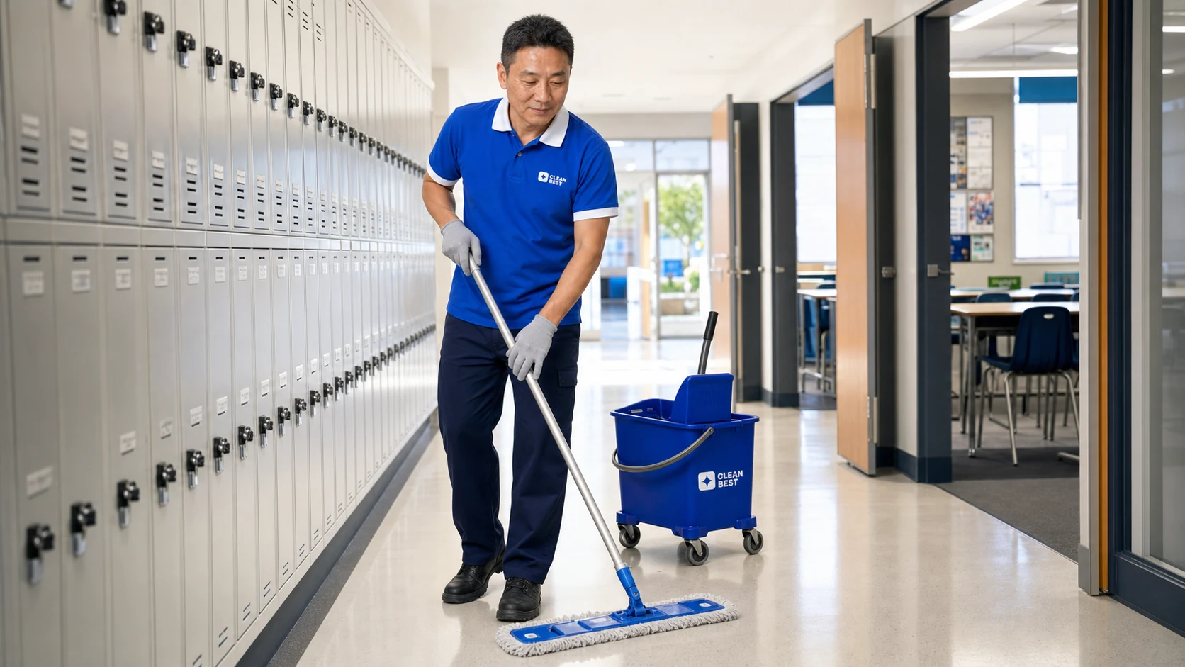 Clean Best cleaner mopping a school classroom floor in Wetherill Park NSW